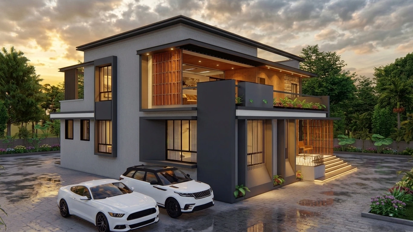 Contemporary duplex house architectural elevation in Kharadi Pune by Pereegrine Architects
